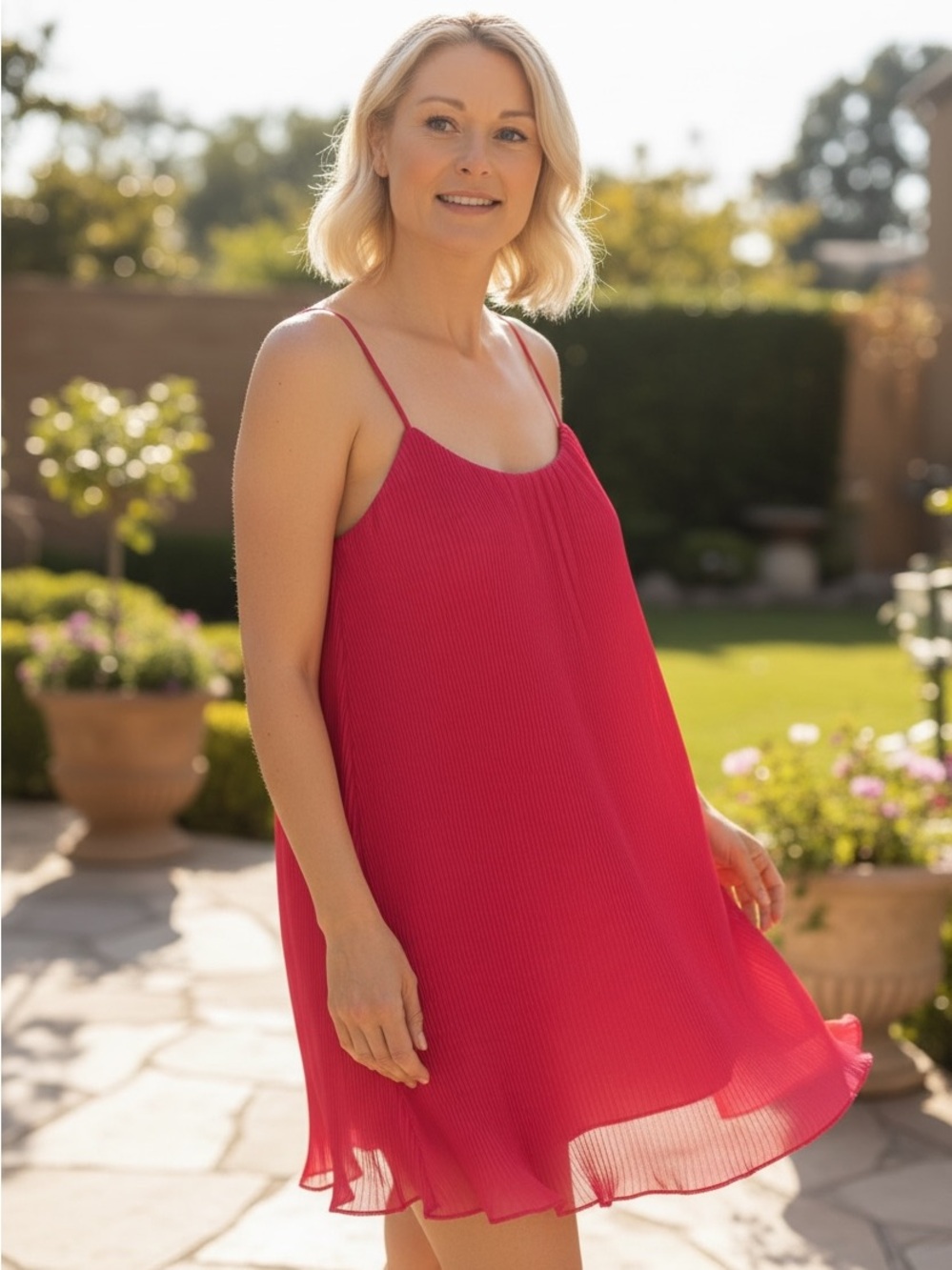 Milly Raspberry Pleated Slip Dress with Spaghetti Straps